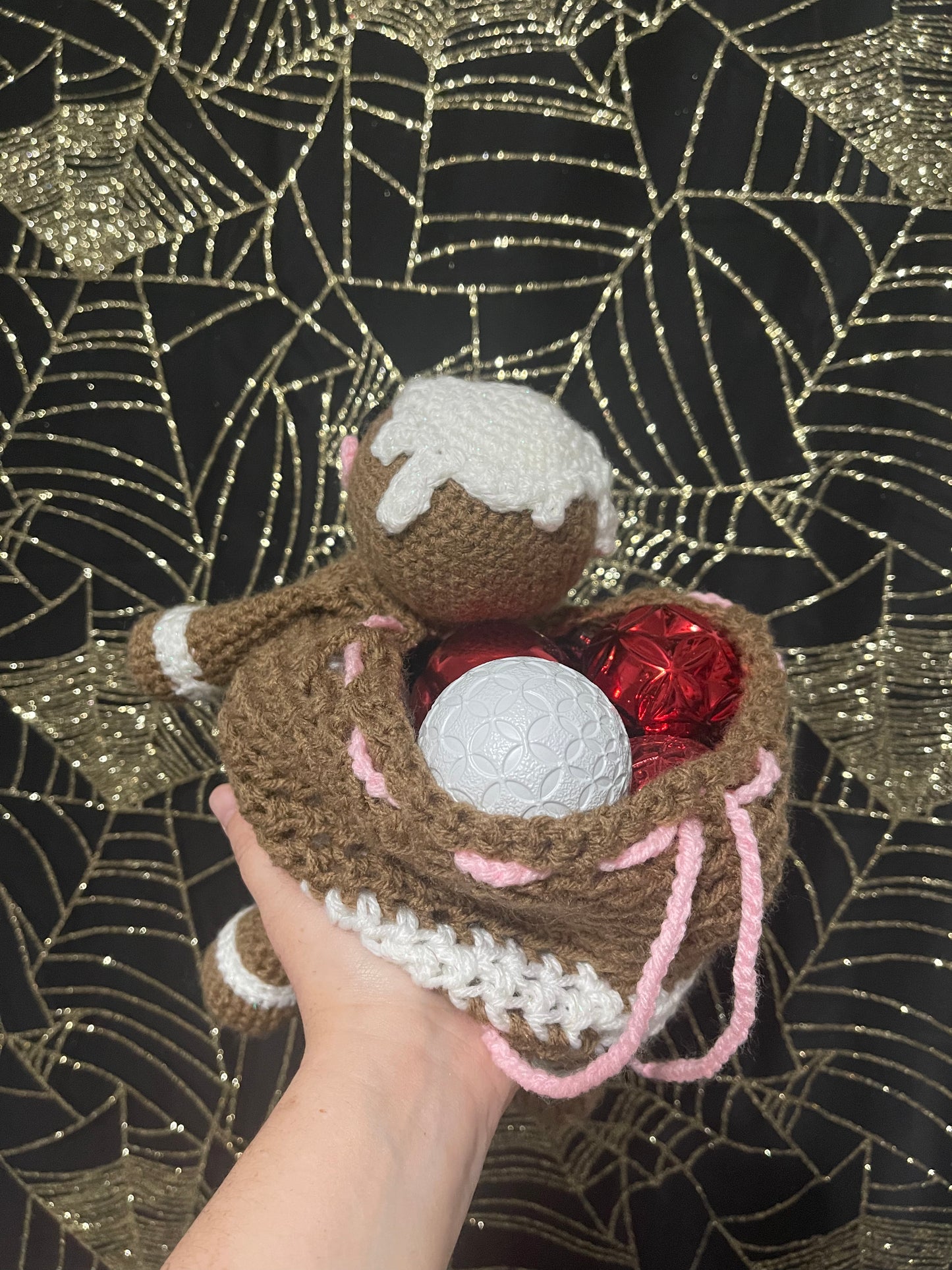 Crochet gingerbread drawstring bag