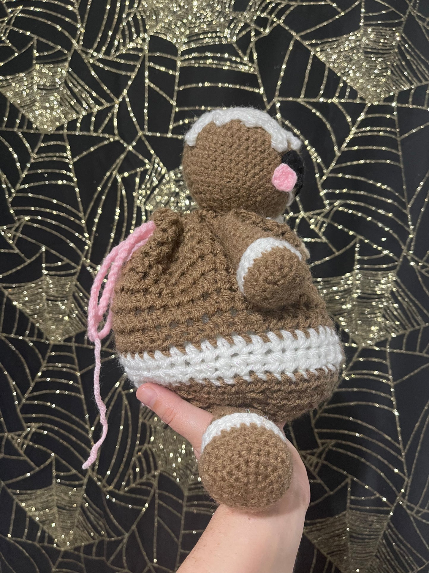 Crochet gingerbread drawstring bag